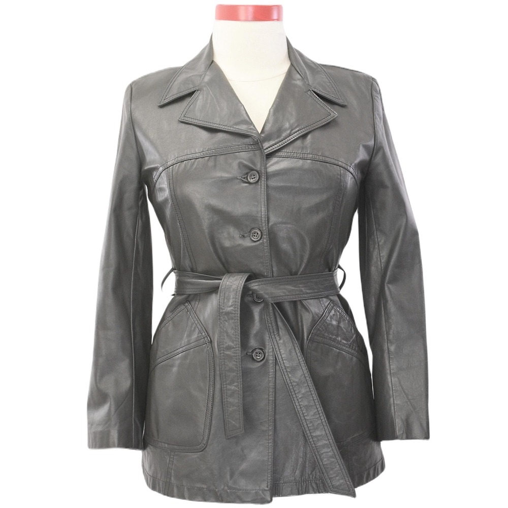 70s Vintage Graphite Grey Leather Western Coat Womens L Belted Rockabilly Jacket